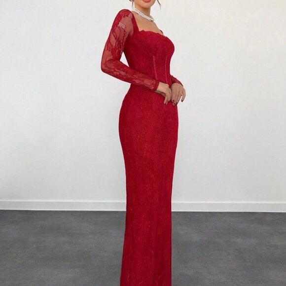 Burgundy Casual Women's Date Night Lace Long Sleeve Square Neck Bodycon Dress - Picture 4 of 7